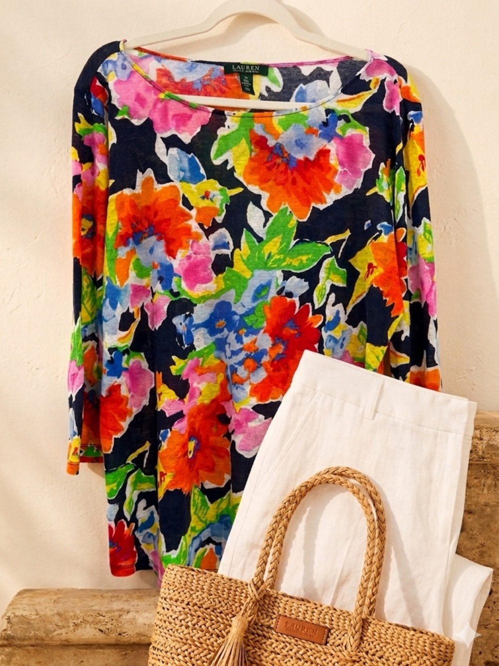 Lauren Ralph Lauren Linen Floral Top Navy Multicolor 3/4 Sleeve Blouse Women 1XL